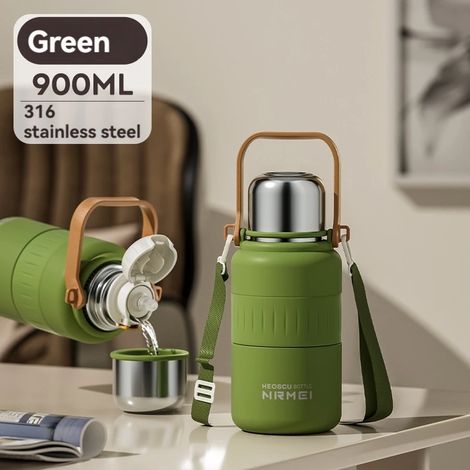 (Vert, 900 ml) Bouteille d'eau isotherme en acier inoxydable avec poignée et paille, isolée sous vide, convient à l'eau chaude et froide. (1/5)