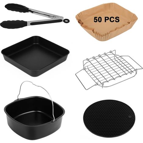 6-teiliges Zubehörset für Cosori, Philips, Tefal & Cecotec Airfryer XXL Heißluftfritteusen, BPA-frei, schwarz, 5,5 l, Edelstahl und Silikon (1/5)