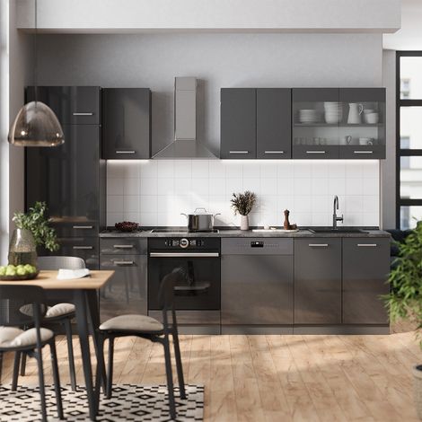 Cuisine R-Line, Anthracite brillant/anthracite, 300cm , PT Chêne, Vicco