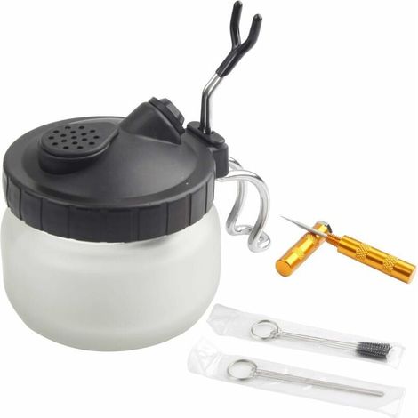 Kit completo per la pulizia dell'aerografo, comprendente 1 contenitore per la pulizia con supporto, 5 spazzole per la pulizia, 5 punte per la pulizia e 1 ago per la pulizia. (1/4)