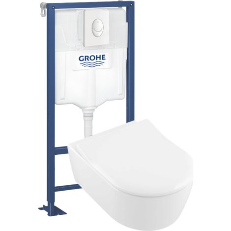 Pack WC suspendu sans bride VILLEROY ET BOCH Avento + abattant + bâti-support autoportant + plaque blanche (1/5)
