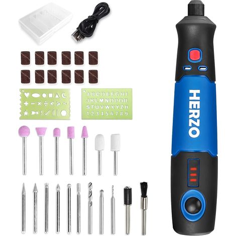 Outil Rotatif Electrique sans fil Li-Ion (3.7V), 32 pcs Accessoires,recharger par USB, Mini avec 3 Vitesses 5000-15000tr/min Multifunction, pour sculpter/couper/polir - (1/5)