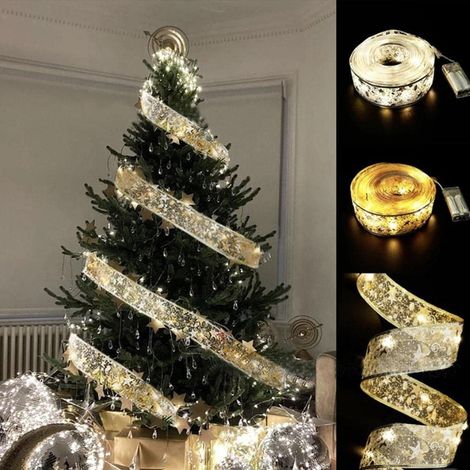 Guirlande lumineuse ruban scintillant 10M LED, décoration Noël arbre ruban lumineux DIY nœud dentelle, intérieur extérieur, doré lumière chaude (1/5)