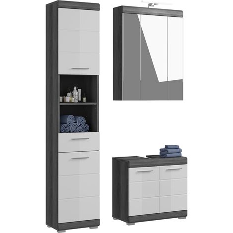 Badezimmermöbel Set 3-teilig modern in Hochglanz weiß mit grau SIROCO-158 (1/5)
