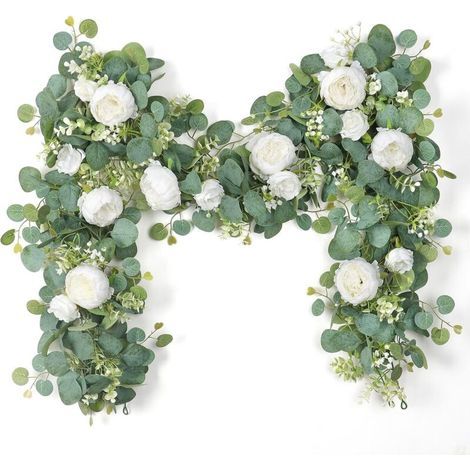 Lot de 2 guirlandes de fleurs d'eucalyptus artificielles de 4 m avec guirlande de fleurs blanches pour décoration de mariage (1/5)