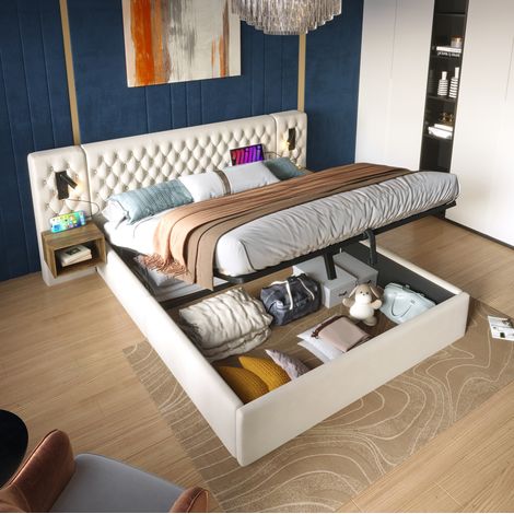 Bettanlage Schlafzimmer Komplett Set, Polsterbett Hydraulisch Stauraumbett Doppelbett 180×200 cm mit 2 Nachttischen, Kopfteil Leselicht mit USB Ladefunktion, Beige, Samt (Ohne Matratze) (1/5)