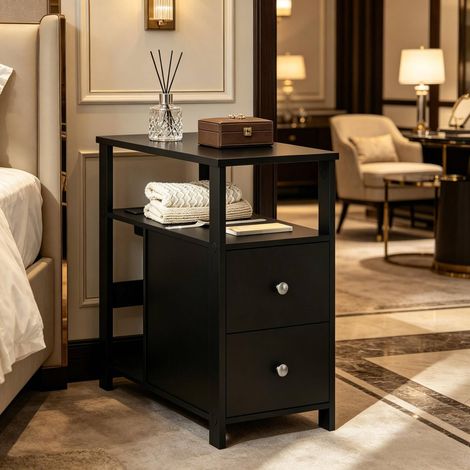 Tavolino 60x30x60 cm nero con presa, 2 cassetti e vani contenitori, legno, MEUBLIV (1/5)