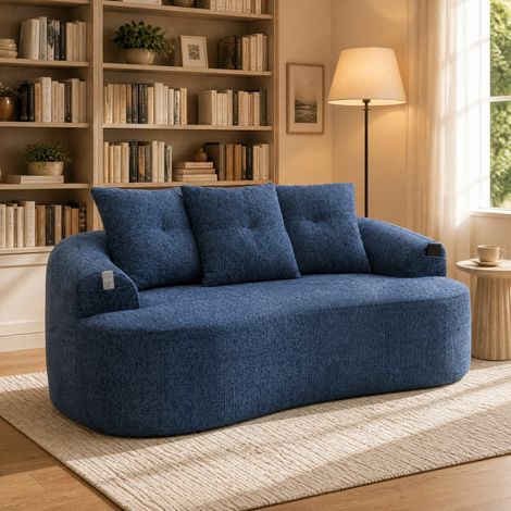 Divano 2 posti curvo contemporaneo in ciniglia blu, con 3 cuscini, 164 x 92 x 60 cm (1/5)