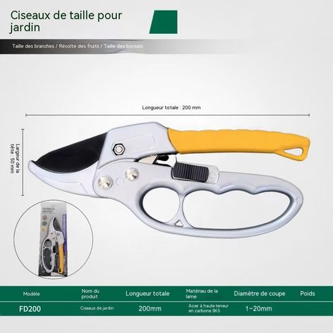 Sécateur de jardin à système à rouleau, lame en acier SK5 haute qualité, Ø 20 mm, longueur 200 mm, pour taille arbres, rosiers et plantes ornementales (1/5)