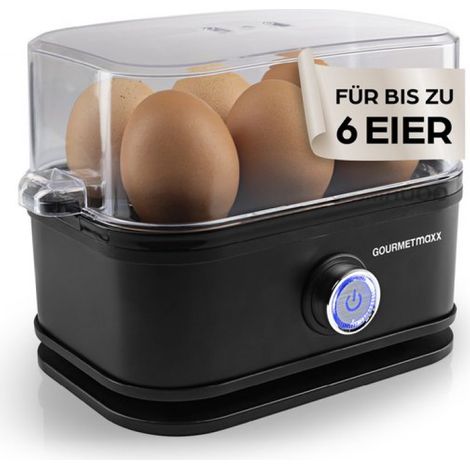 Cuiseur à œufs GOURMETmaxx pour 6 œufs Cuiseur à œufs avec perforateur intégré au verre doseur 3 niveaux de cuisson : le réglage idéal pour chaque œuf Cuiseur à œufs design noir – pièces compati (1/5)