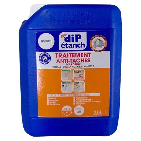Traitement anti-tâche pour sols poreux 2,5 L – Imperméabilisant à base de résine siloxane – Protection contre l'eau et les graisses – Dip Etanch