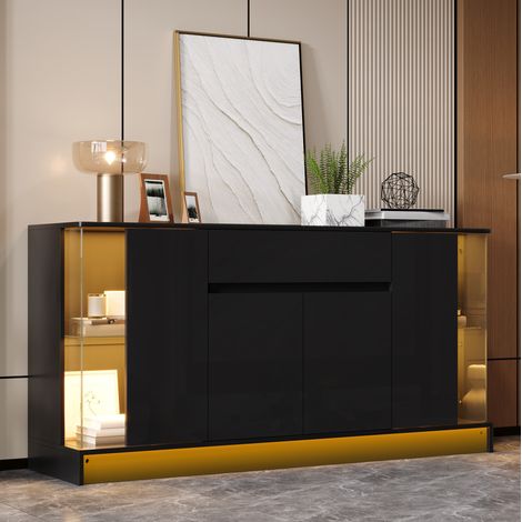 Sideboard mit Vitrinen 150×40×75 cm aus Spanplatten, Schwarz, LED – MEUBLIV (1/5)