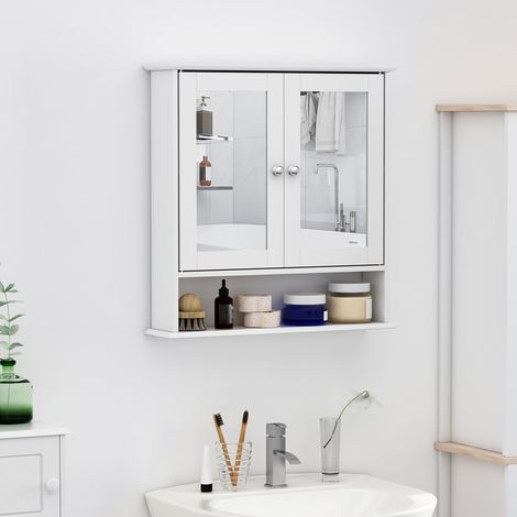 Armoire de salle de bain avec miroir, portes et étagères réglables, miroir en verre, armoire murale avec miroir, 56 x 13 x 58 cm, blanc (1/5)