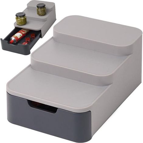 Boîte de rangement à 3 niveaux, grise, étagère à épices en plastique pour le rangement du garde-manger de la cuisine (1/5)