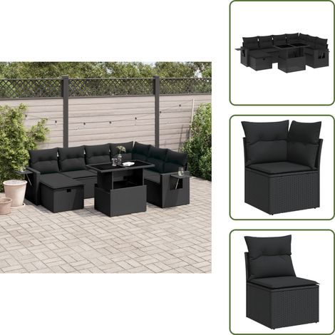 The Living Store Salon de jardin 8 pcs avec coussins noir résine tressée - Ensemble Salon De Jardin - Mobilier De Jardin - Table Extensible - Chaise Pliante - Fauteuil Extérieur (1/5)