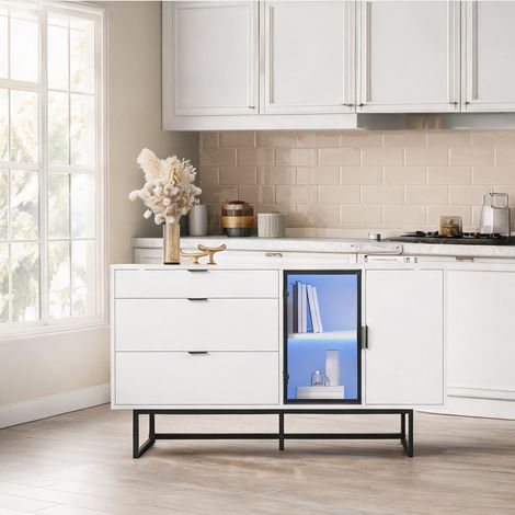 Buffet bas avec rangement et vitrine LED blanc et noir (1/5)