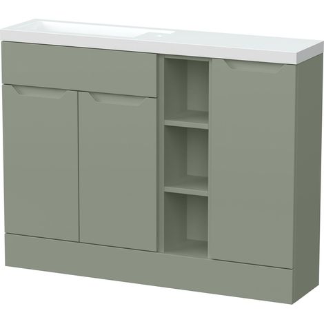 Teddesley Floor Standing Compact 3 Door Combination Vanity Basin Unit with Open Shelves and Polymarble Basin, 1100mm, Fern Green