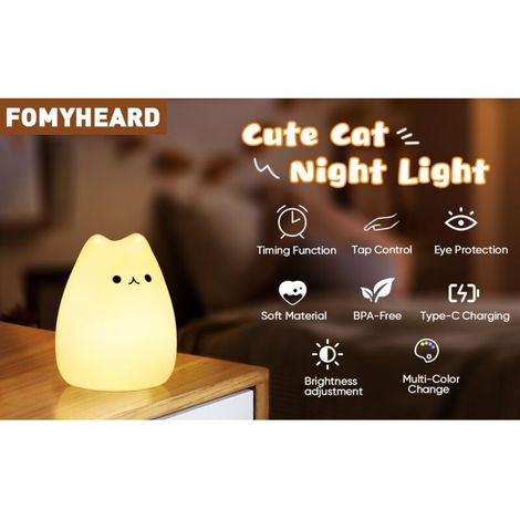 Night light for children/babies, 7 kawaii cat colors, rechargeable LED night light, timer function, silicone bedside lamp, touch control, gift for girls