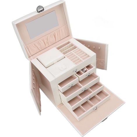 Coffret à bijoux géant en cuir synthétique, grande capacité, plusieurs compartiments, blanc, style européen, avec miroir, pour la maison (1/5)