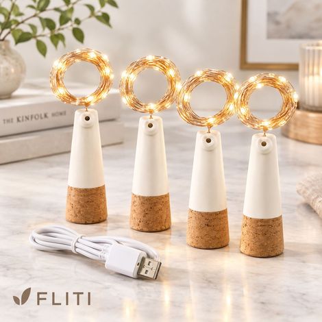 FLITI Bouchon Lumineux pour Bouteilles Rechargeable USB 2M 20 LED Guirlande en Fil de Cuivre 8 Modes Décoration DIY Blanc Chaud 4 Pièces (1/5)