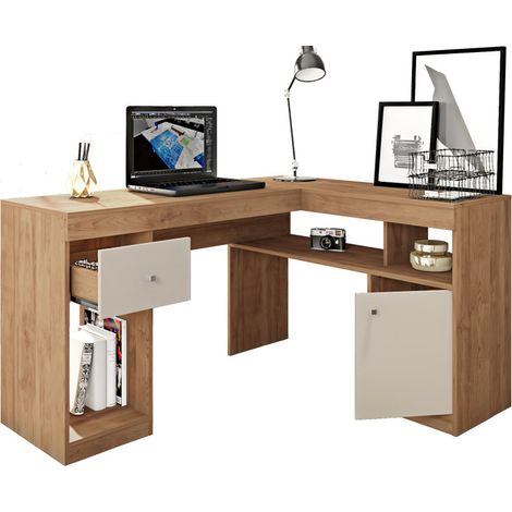Beaux Meubles Pas Chers – Bureau d'angle chêne et blanc – Caisson avec tiroir en métal – Dimensions L 137.2 x H 75.5 x P 111.6 cm – Bois certifié FSC (1/5)