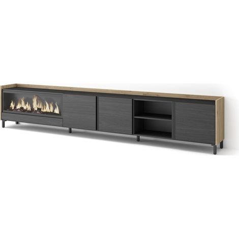 Skraut Home - Mueble TV, Televisión, Muebles de salón, almacenaje, 315x35x61cm, Para TV hasta 80", Chimenea eléctrica XXL, Diseño industrial, Estilo Moderno, Negro y roble (1/5)
