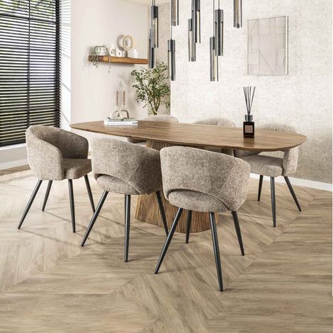 Ensemble repas table 215 cm en manguier + 6 fauteuils texturé sable