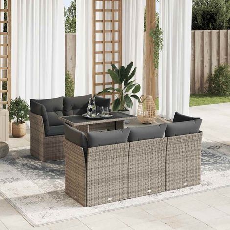Ensemble salon de jardin 6 places canapé avec table ajustable en résine tressée gris 100x55cm et coussins amovibles (1/5)