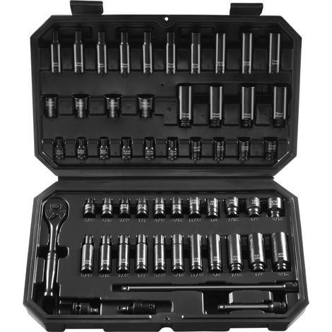 Coffret Douilles à Chocs 1/4", SAE 5/32"-9/16" et Métriques 4-15 mm, Kit pour Clé à Cliquet 55PCs, en CR-V, 6 Pans, Marquages de Taille Faciles à Lire, pour la Réparation Automobile, Atelier (1/5)