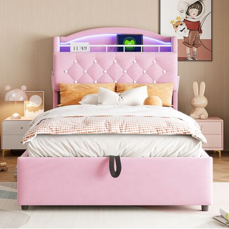 Lit enfant avec rangement en tissu rose 90x200 cm, LED, USB et sommier à lattes métal (1/5)