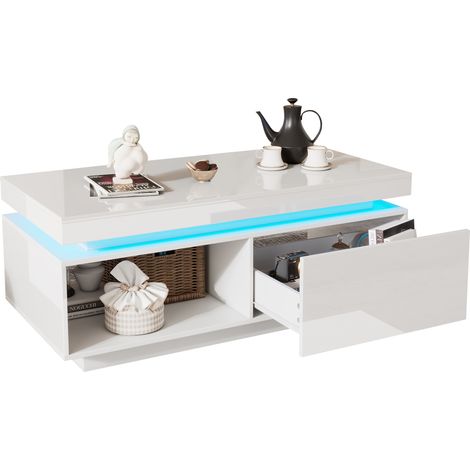 Table basse moderne LED 100x50x40,3 cm avec 1 tiroir, charge max 50 kg (1/5)