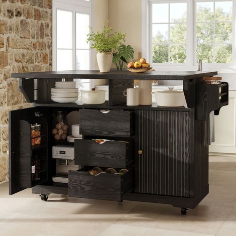 Desserte cuisine 142,5 x 80 x 95 cm, îlot central de cuisine sur roulettes, plateau extensible, 3 tiroirs, rangements intégrés, MDF, noir (1/5)