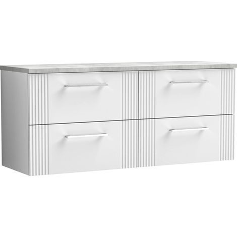 Belvide Partial Fluted 4 Drawer Wall Hung Vanity Unit with Bellato Grey Laminate Worktop - 1200mm - Satin White