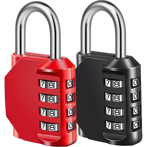 Cadenas à combinaison, cadenas à combinaison 4 chiffres pour casier scolaire, gymnase, équipement sportif, clôture, boîte à outils, valise, armoire à fermeture (lot de 2, rouge et noir) (1/5)