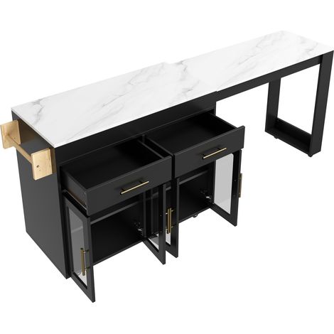 Îlot de cuisine mobile avec table de bar extensible, rangements, portes vitrées et tiroirs, MDF, noir et blanc marbré, 132,5-217 x 50 x 93 cm (1/5)