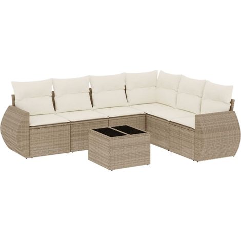 Salon de jardin avec coussins 7 pcs Mobilier de jardin beige résine tressée (1/5)