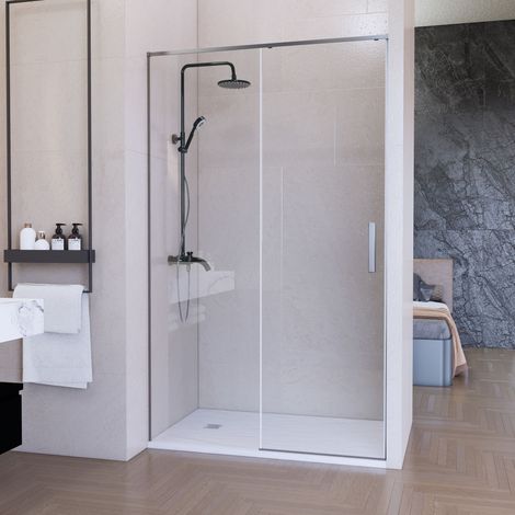 Mampara Ducha Frontal Corredera Lux Fijo+Puerta-Ancho 110cm-Acabado Plata Brillo-200cm Alto-Cristal templado 6mm antical-Cierre Reversible con Freno (1/5)