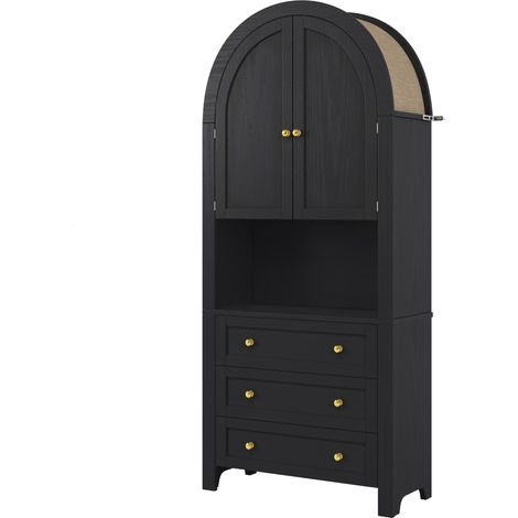 Hohe schwarze Anrichte mit Bogentüren, 3 Schubladen und offenem Fach, 70 x 35 x 180 cm, MDF (1/5)