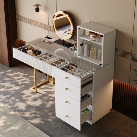 Tocador de maquillaje con espejo LED, 120x120x40 cm, blanco, 5 cajones, puerta de vidrio y patas doradas (1/5)