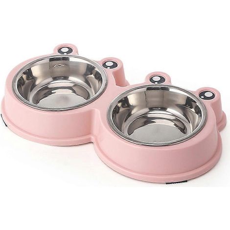Gamelle double pour chien Frog Design en acier inoxydable, rose, idéale pour l'eau et la nourriture des chiots. (1/5)