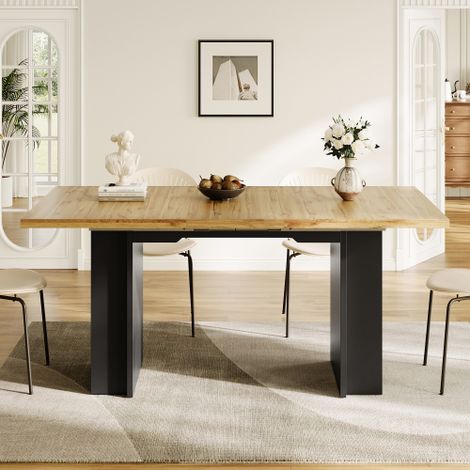 Table à manger télescopique (120-160 × 80 cm), table avec étagères, table de cuisine, extensible de 120 à 160 cm à l'aide de rallonges intégrées, pour la cuisine et le salon, couleur bois
