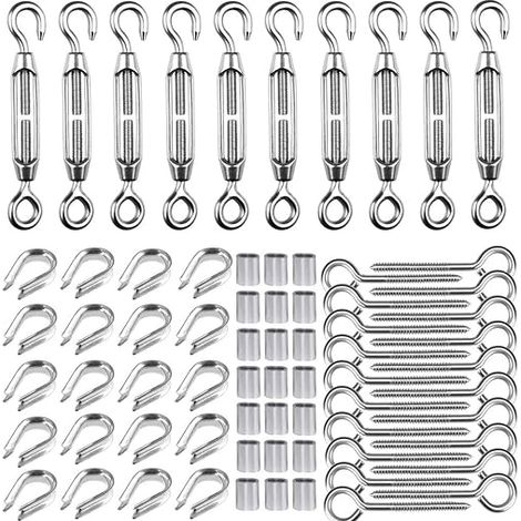 M5 3mm Steel Wire Tensioner Kit M5 Stainless Steel Stainless Steel Cable Tensioner Eye Hooks Metal Cable Sleeves Metal Cable Lugs for Outdoor Suspension