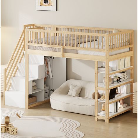 Letto a soppalco 90x200 cm color legno, struttura in legno con armadio e scaffali (1/5)