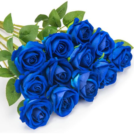 12 roses artificielles, fausses fleurs en flanelle, fleurs à tige longue unique avec boutons de rose pour décoration de mariage, maison, jardin, fête d'anniversaire (bleu)