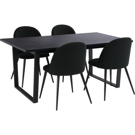 Tilst Essgruppe Tisch schwarz Marmor Print 90x160 4 Stühlen Velour schwarz.