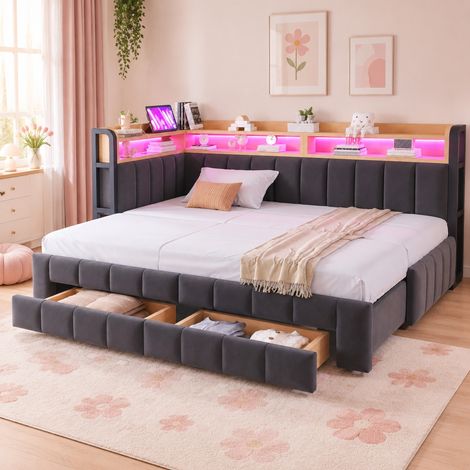 Okwish Canapé-lit 90x200 cm avec rangements, velours gris foncé (Sans matelas) (1/5)