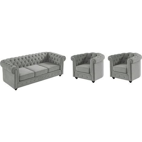 Divano 3 posti e 2 poltrone CHESTERFIELD in velluto Grigio chiaro