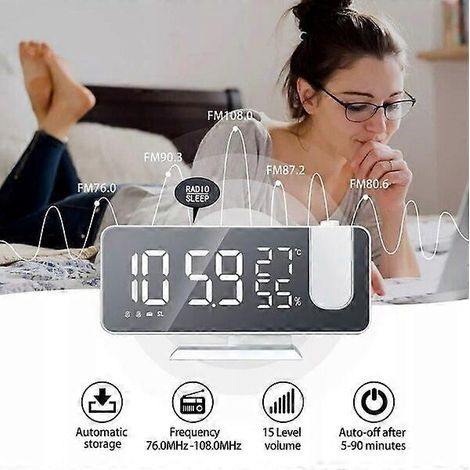 Réveil à projection avec affichage numérique LED, double alarme, luminosité réglable, radio FM, blanc. (1/4)