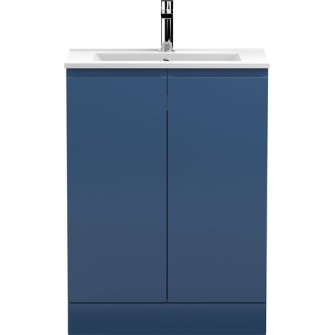 Mavesyn Contemporary 2 Door Floor Standing Vanity Unit with Minimalist Basin, Dark Blue, 600mm