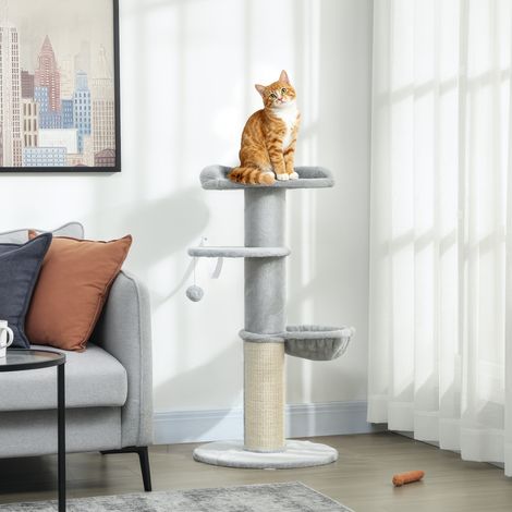 Tiragraffi per gatti da 103,5 cm con piattaforma amaca in sisal spesso e sfera sospesa, colore grigio chiaro.